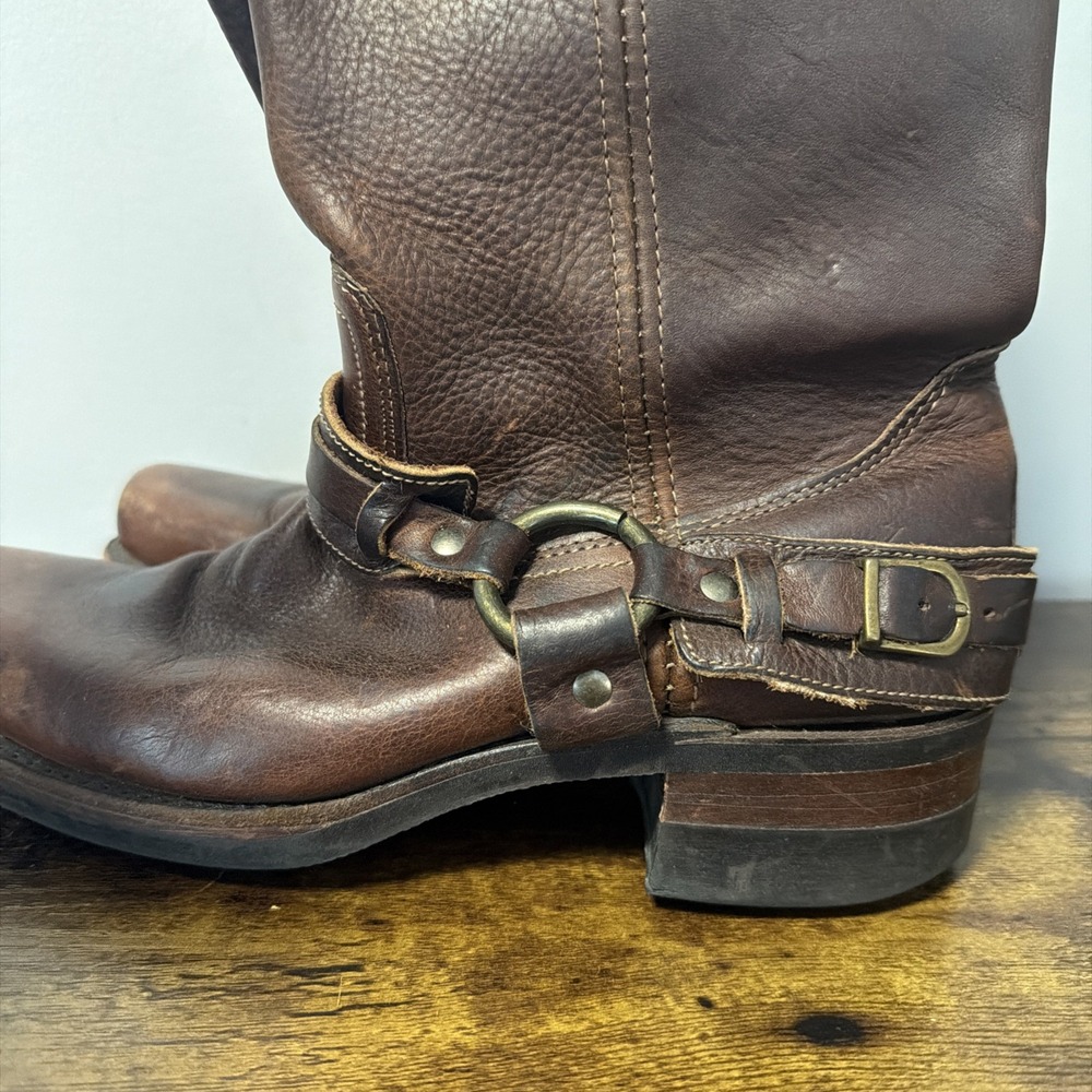 FRYE Brown Leather Belted Harness 12R Mid-Calf Boots, Square Toe Buckle, Sz 9M - Picture 5 of 10